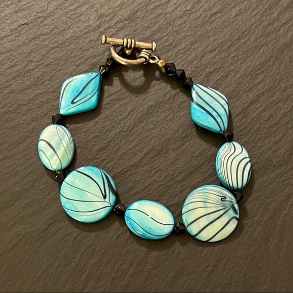 Handmade Lampwork Glass Geometric 8.5” Teal Bracelet - Picture 12 of 12